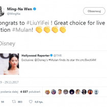 Ming-Na Wen użyczająca swego glosu animowanej Mulan szczerze gratulowała Liu Yifei