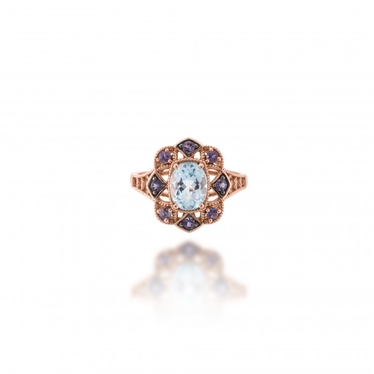 W.KRUK pierścionek, różowe złoto, niebieski topaz, iolit, 1690zł