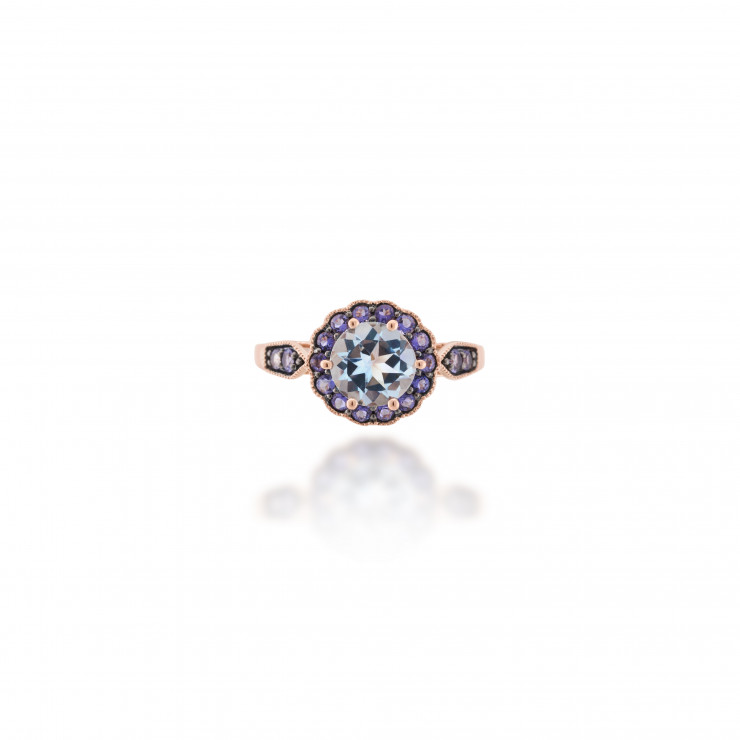W.KRUK pierścionek, różowe złoto, niebieski topaz, iolit, 1490zł
