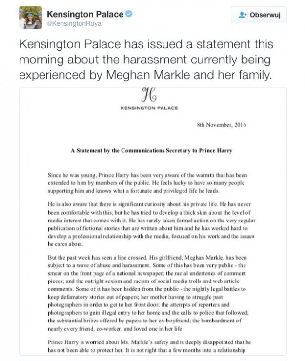 Oficjalne oświadczenie pałacu Kensington