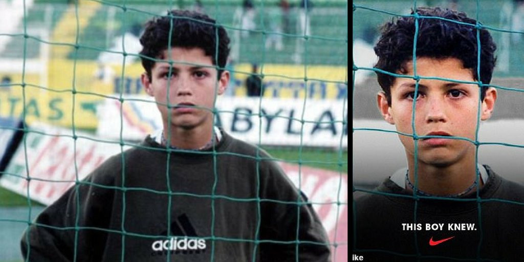 Po lewej oryginalne zdjęcie przedstawiające młodego Cristiano Ronaldo, a po prawej przeróbka marki Nike
