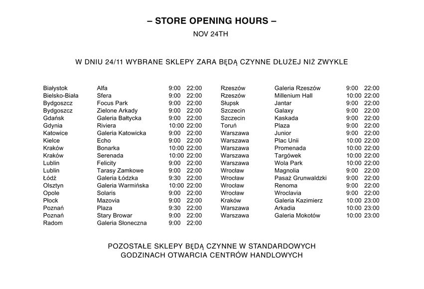Specjalne godziny otwarcia sklepów Zara z okazji Black Friday 2017