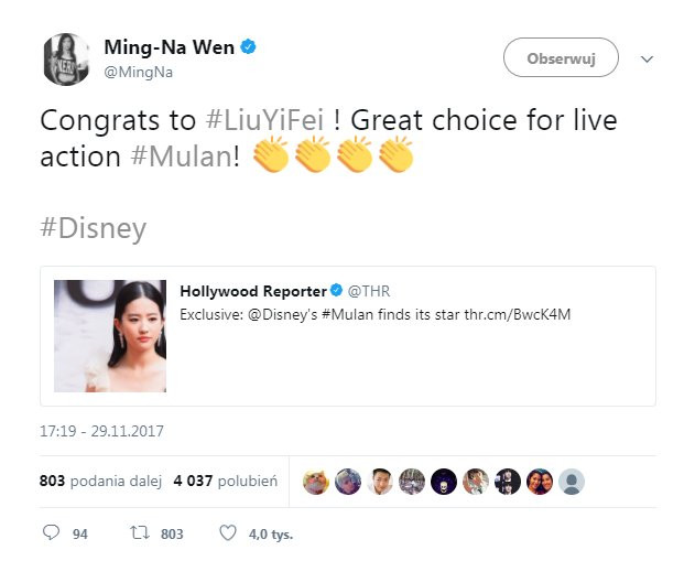 Ming-Na Wen użyczająca swego glosu animowanej Mulan szczerze gratulowała Liu Yifei