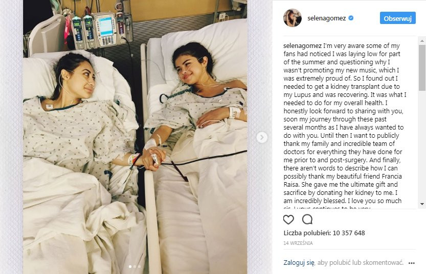 Selena Gomez po transplantacji nerki - zdjęcie polubione przez ponad 10 milionów obserwujących