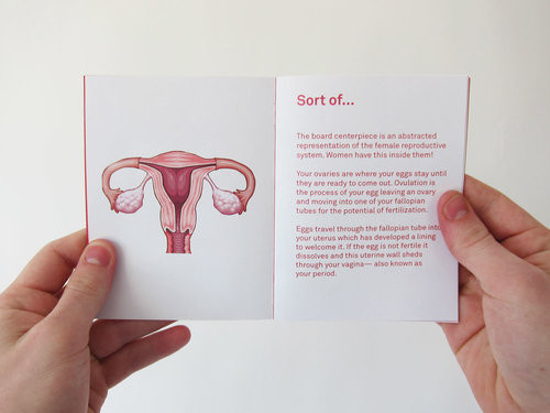 Do planszy dołączona jest książeczka przybliżająca szczegóły budowy kobiecego układu rozrodczego.