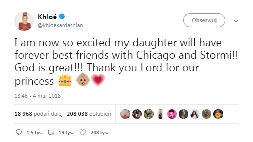 Khloé Kardashian jest zachwycona tym, że powita na świecie dziewczynkę.