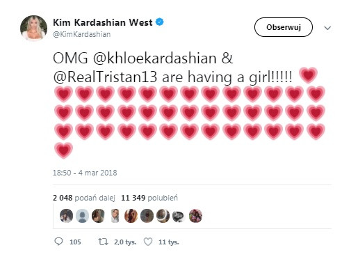 Kim Kardashian nie wytrzymała napięcia i pierwsza opublikowała informację na temat płci dziecka Khloé Kardashian.