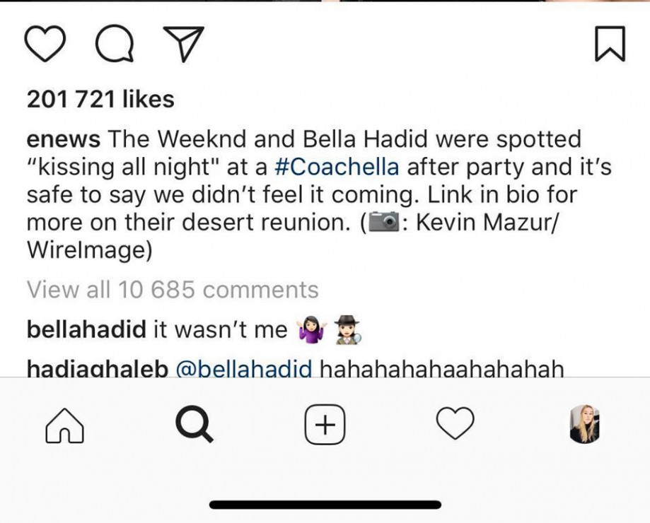 Bella Hadid skomentowała post serwisu E! News i rozwiała wątpliwości dotyczących tego, co łączy ją z The Weeknd