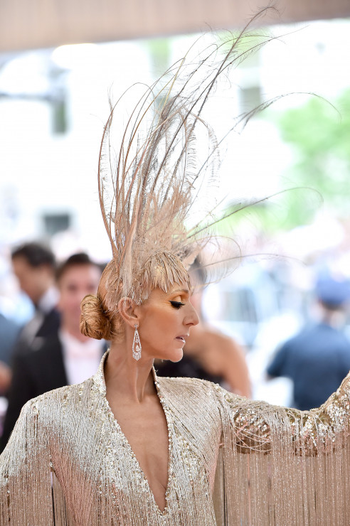 Met Gala 2019: Celine Dion do srebrnej sukni dobrała nakrycie głowy z piór.